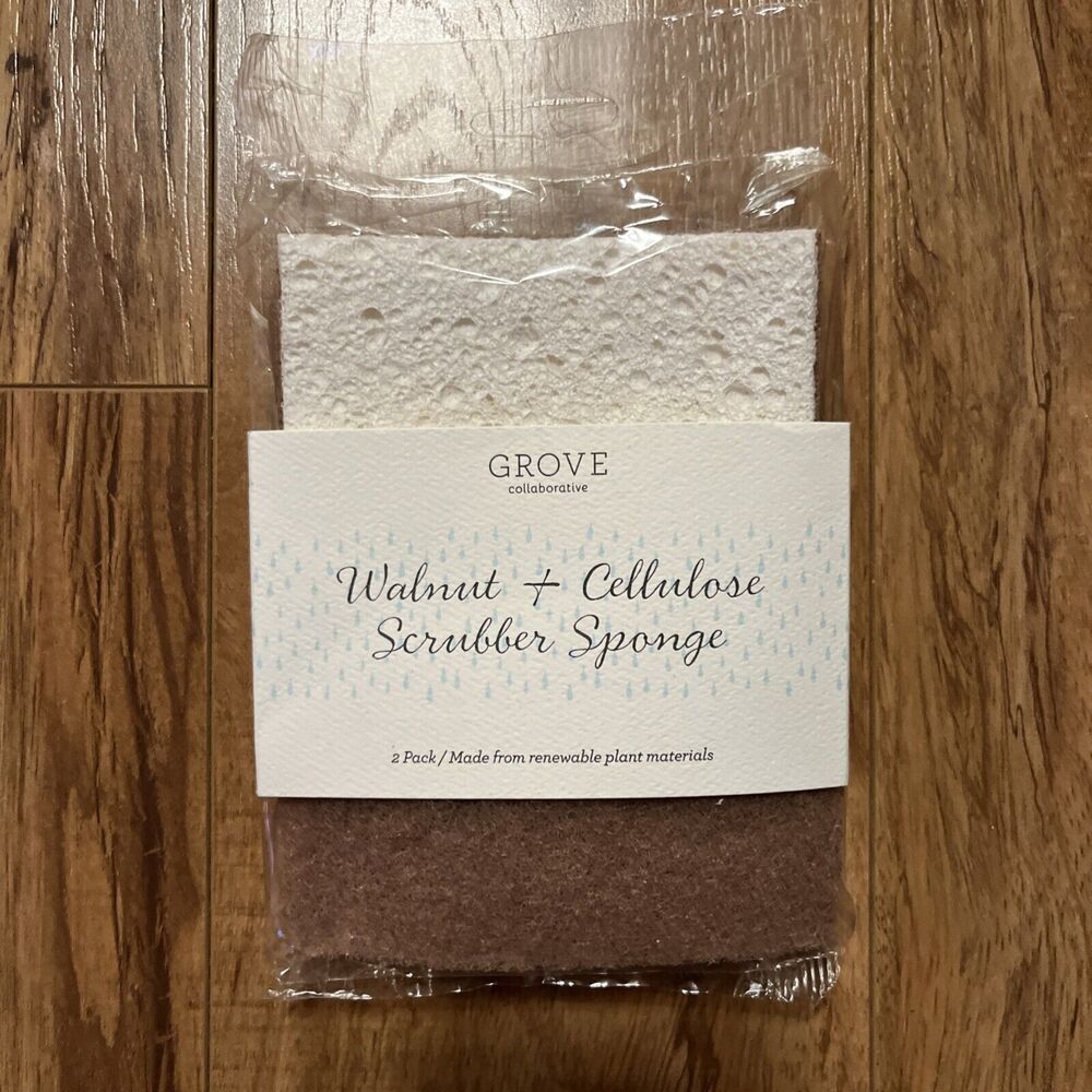 Walnut & Cellulose Scrubber Sponges - GROVE Collaborative Factory Sealed 2 Pk